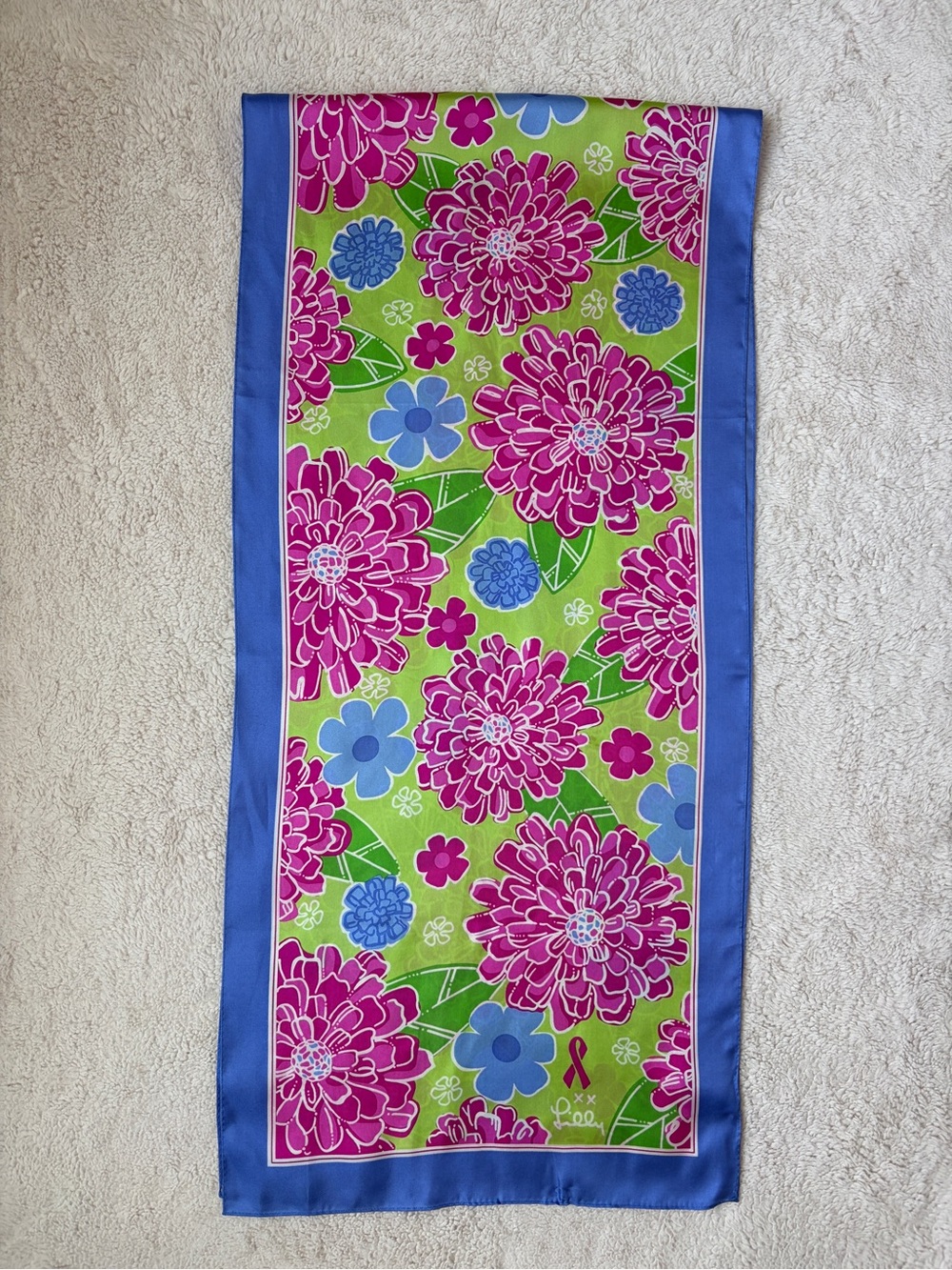 Lilly Pulitzer and Ford Floral Silk Breast Cancer 2005 Scarf Pink, Green & Blue